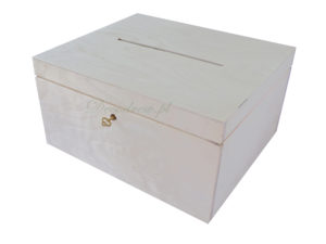 Ekspozytor ze sklejki na koperty z ozdobnymi kluczykiem i otworem na koperty